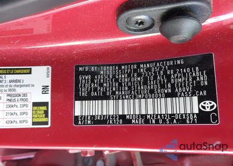 2021 Toyota Corolla Se from USA, damaged, VIN 5YFS4MCE3MP090090